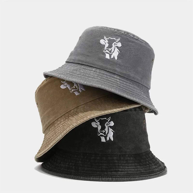 Animal Embroidered Cotton Bucket Hat Outdoor Travel Cap