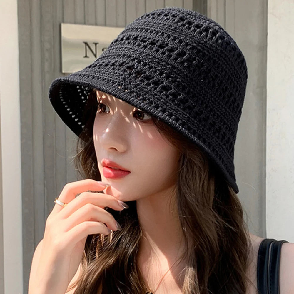 Hollow Knitted Straw Crochet Bucket Hat