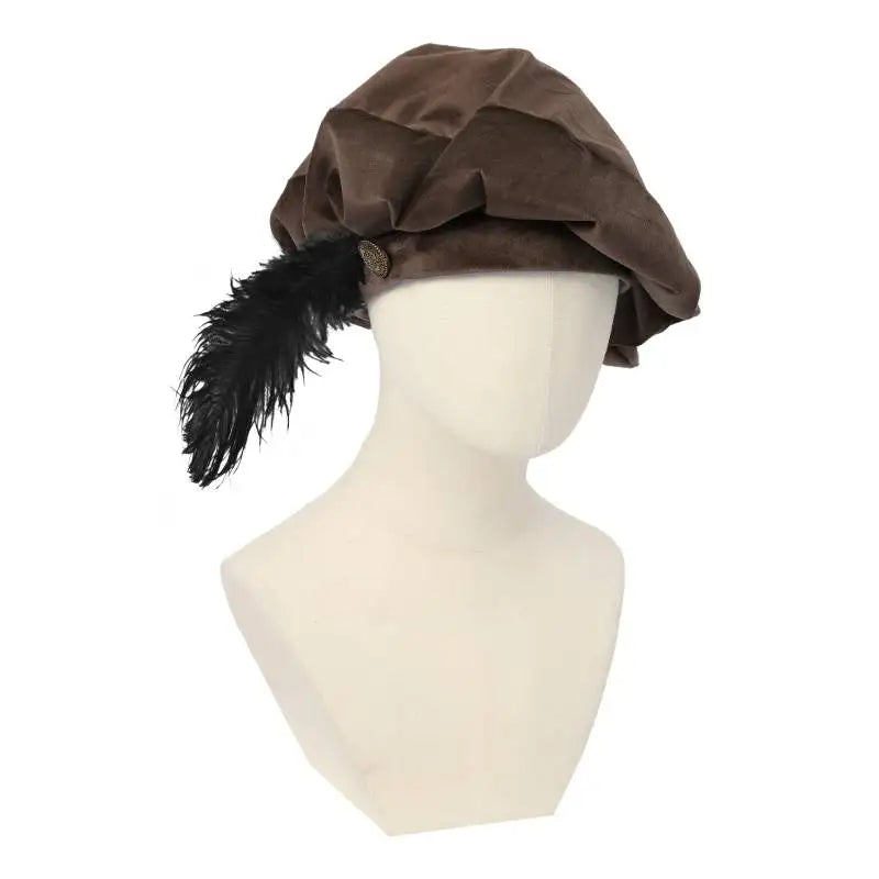 Quality Medieval Unisex Beret Hat With Feather Suede Tudor Hat
