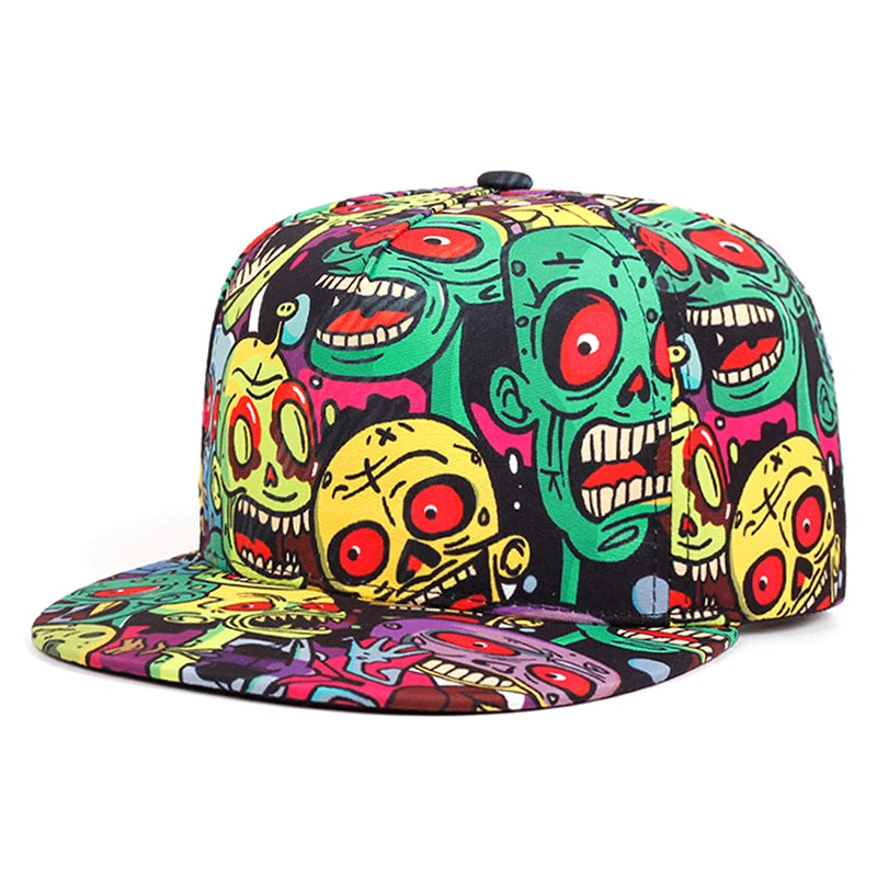 Skeleton Printed Unisex Streetwear Flat Brim Snapback Cap