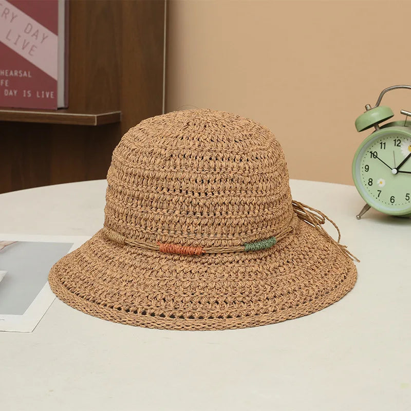 Women Wide Brim Crochet Straw Bucket Hat