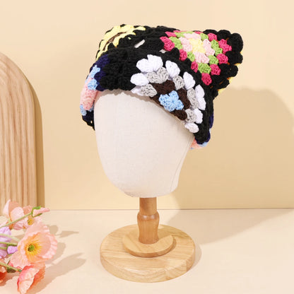 Women Cat Ears Knitted Hollow Winter Beanie Hat