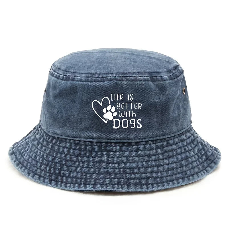 Life Is Better With A Dog Paw Print Washed Black Bucket Hat