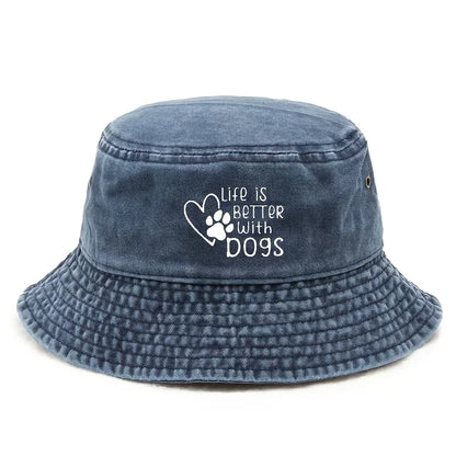 Life Is Better With A Dog Paw Print Washed Black Bucket Hat