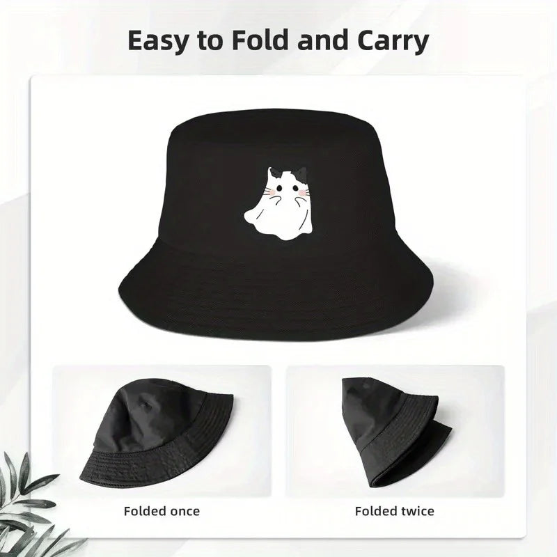 Cute Ghost Cat Print Bucket Hat