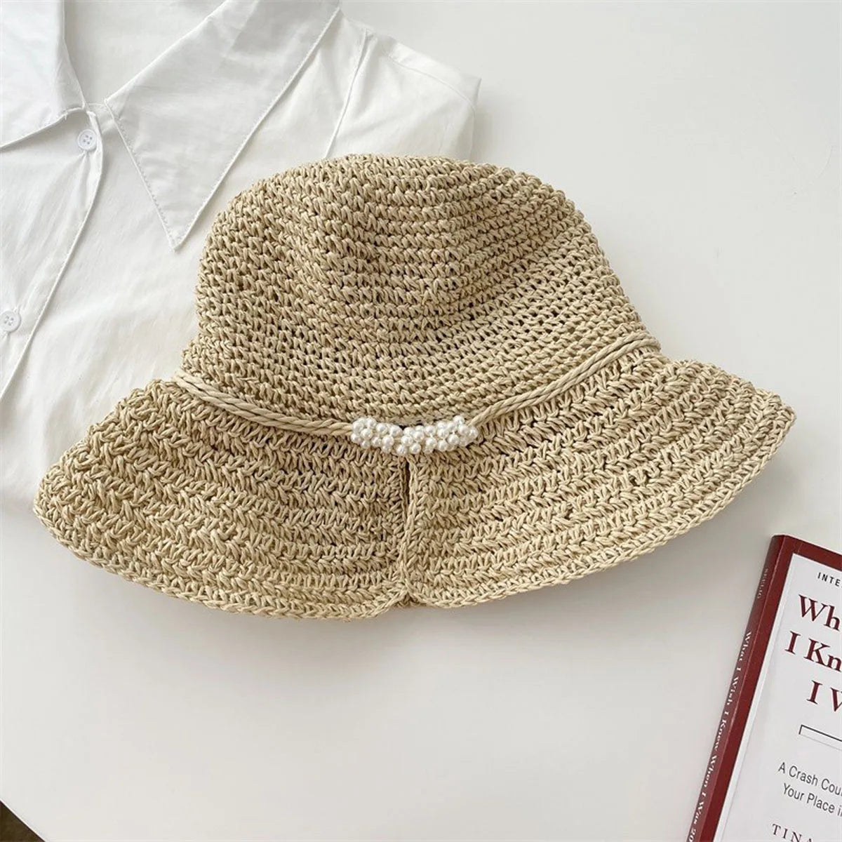 Women Pearl Straw Crochet Foldable Bucket Hat
