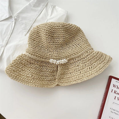Women Pearl Straw Crochet Foldable Bucket Hat