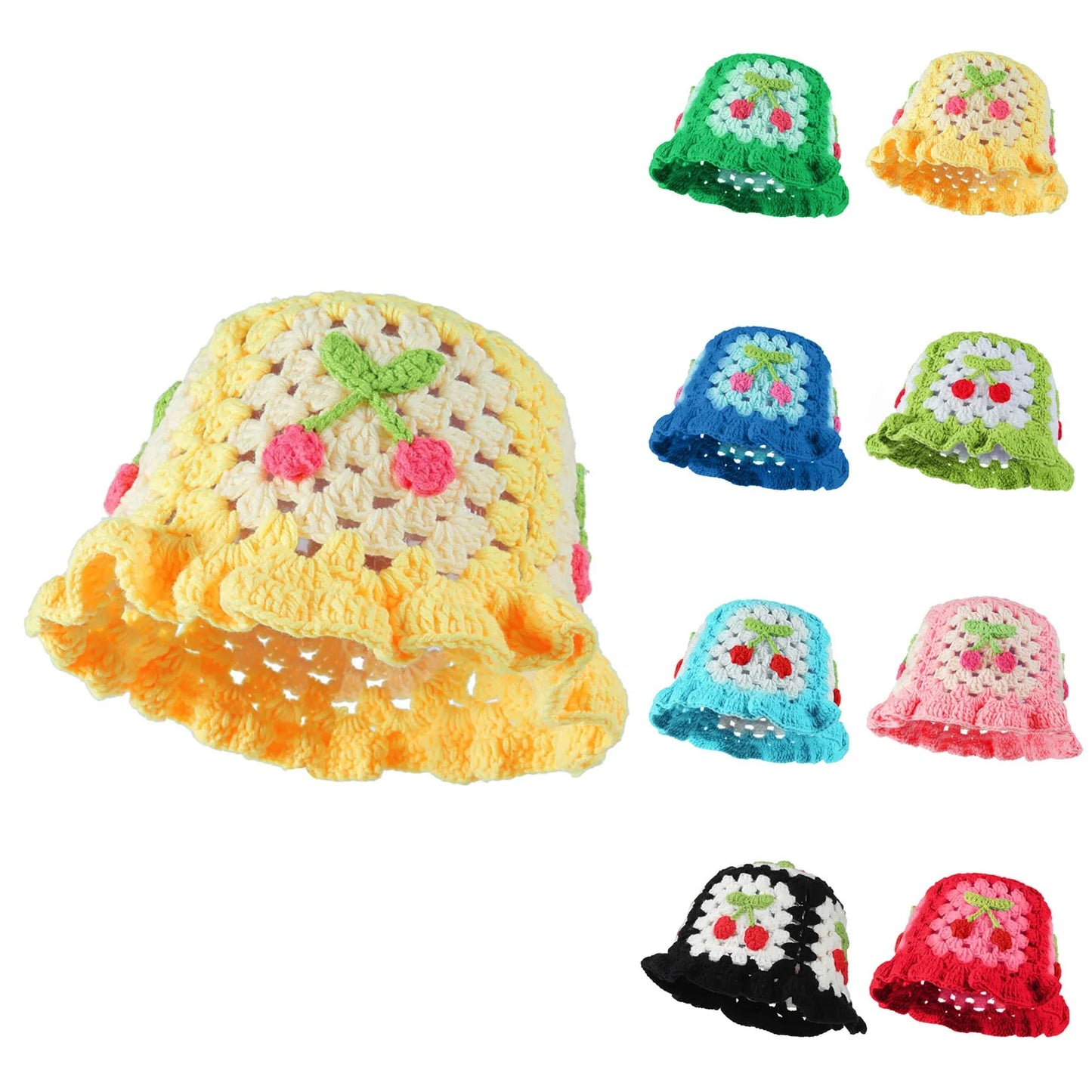 Cherry Crochet Flower Bucket Hat