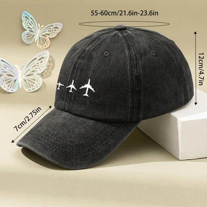 Retro Airplane Print Washed Baseball Cap Adjustable