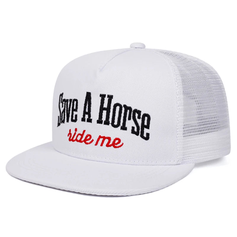 Unisex Flat Brim Letter Embroidered Mesh Snapback Cap