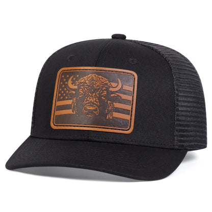 Brown Bull Head Leather Patch Adjustable Snapback Cap