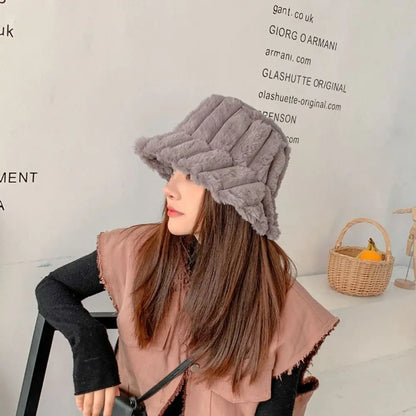 Women Faux Fur Winter Panama Fisherman Bucket Hat
