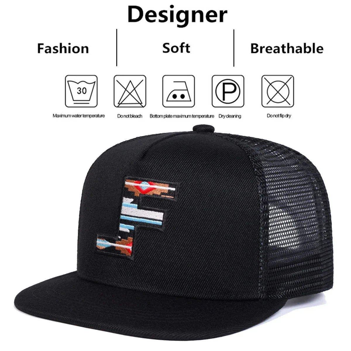 F Letter Embroidered Mesh Hip-Hop Snapback Cap