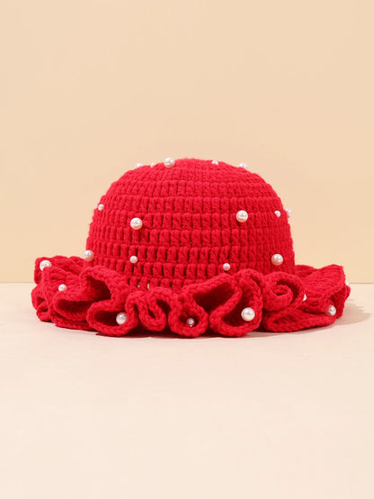 Women Vintage Pearl Crochet Ruffled Bucket Hat
