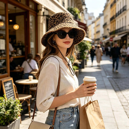 Leopard Print Drawstring Foldable Beach Bucket Hat
