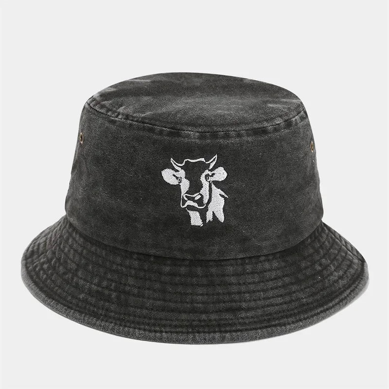 Animal Embroidered Cotton Bucket Hat Outdoor Travel Cap