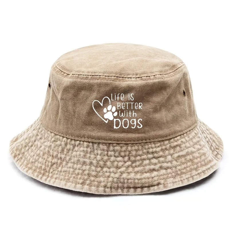 Life Is Better With A Dog Paw Print Washed Black Bucket Hat