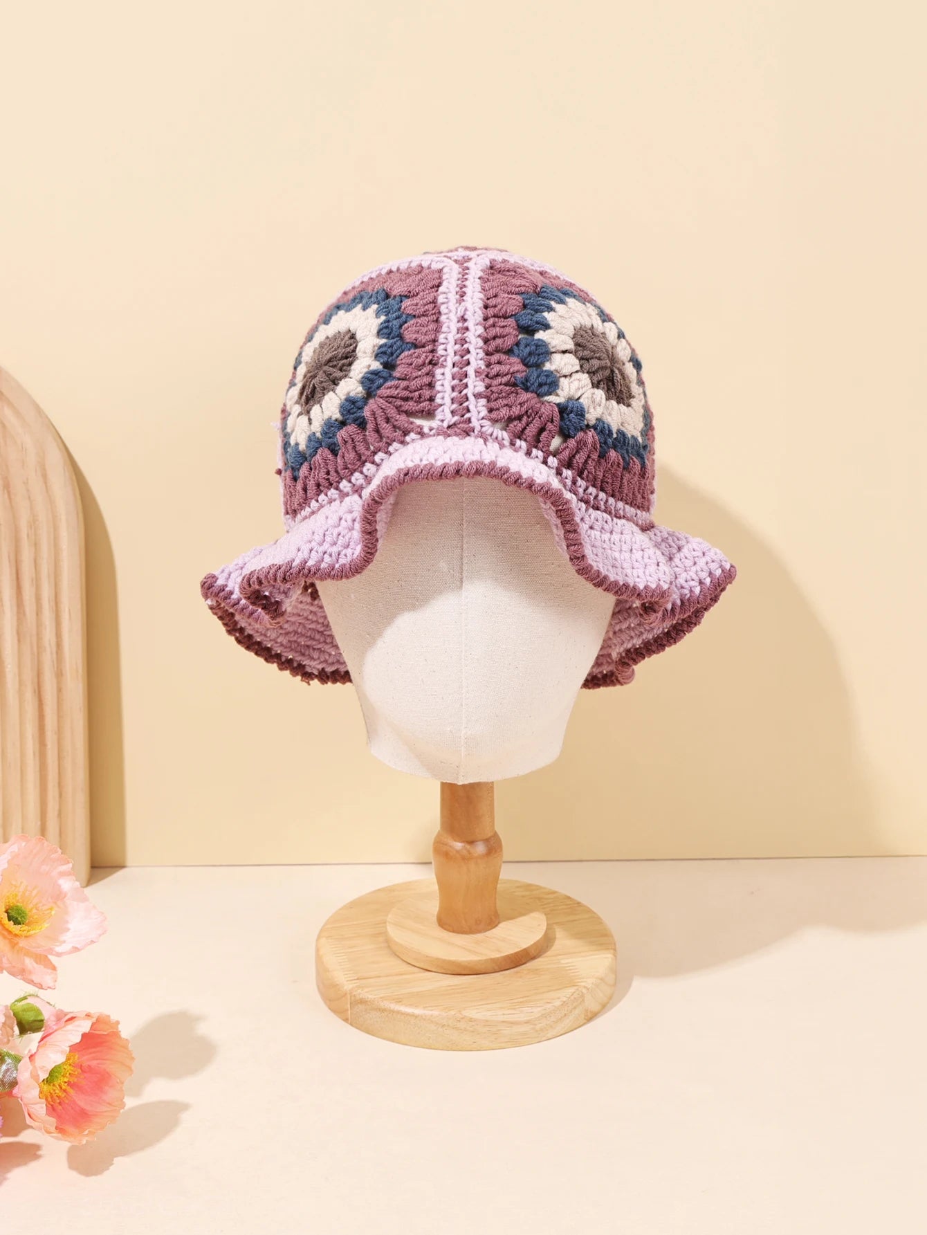 Retro Pink Purple Crochet Bucket Hat