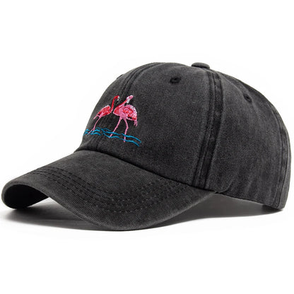 Flamingo Embroidered Washed Cotton Baseball Cap