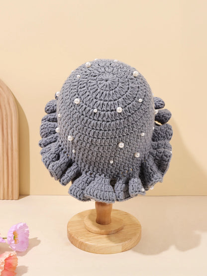 Women Vintage Pearl Crochet Ruffled Bucket Hat