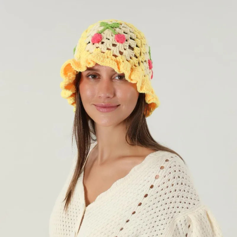 Cherry Crochet Flower Bucket Hat