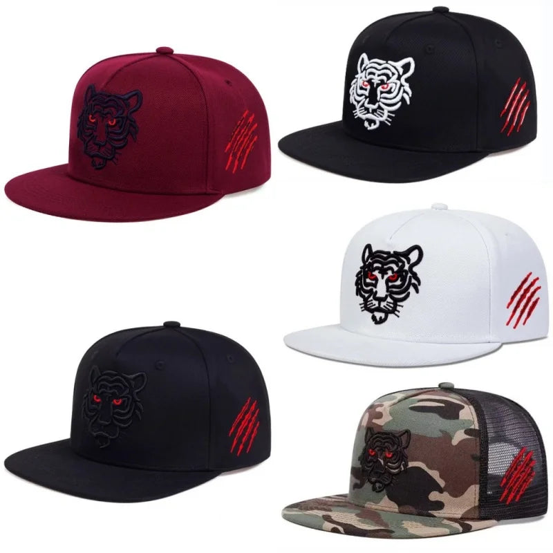 Black Tiger Embroidered Cotton Trucker Snapback cap