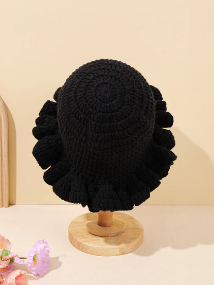 Women Vintage Crochet Black Ruffled Bucket Hat