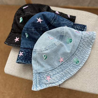 Sea Shell Embroidered Denim Bucket Hat