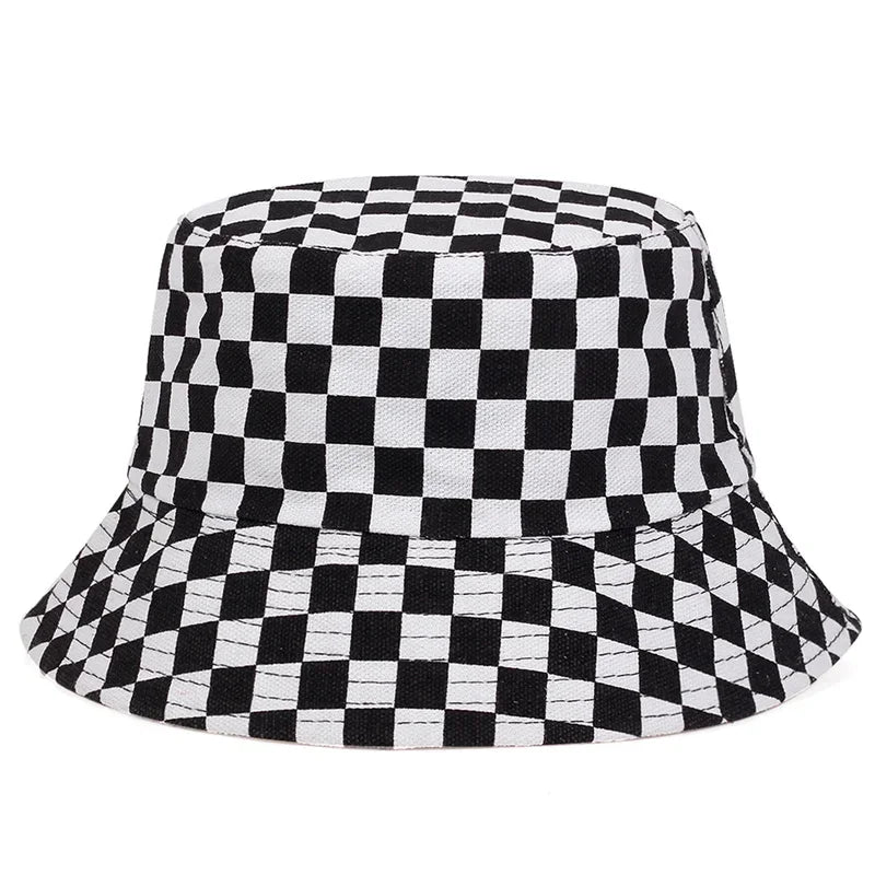 Unisex Black And White Grid Double Sided Bucket Hat