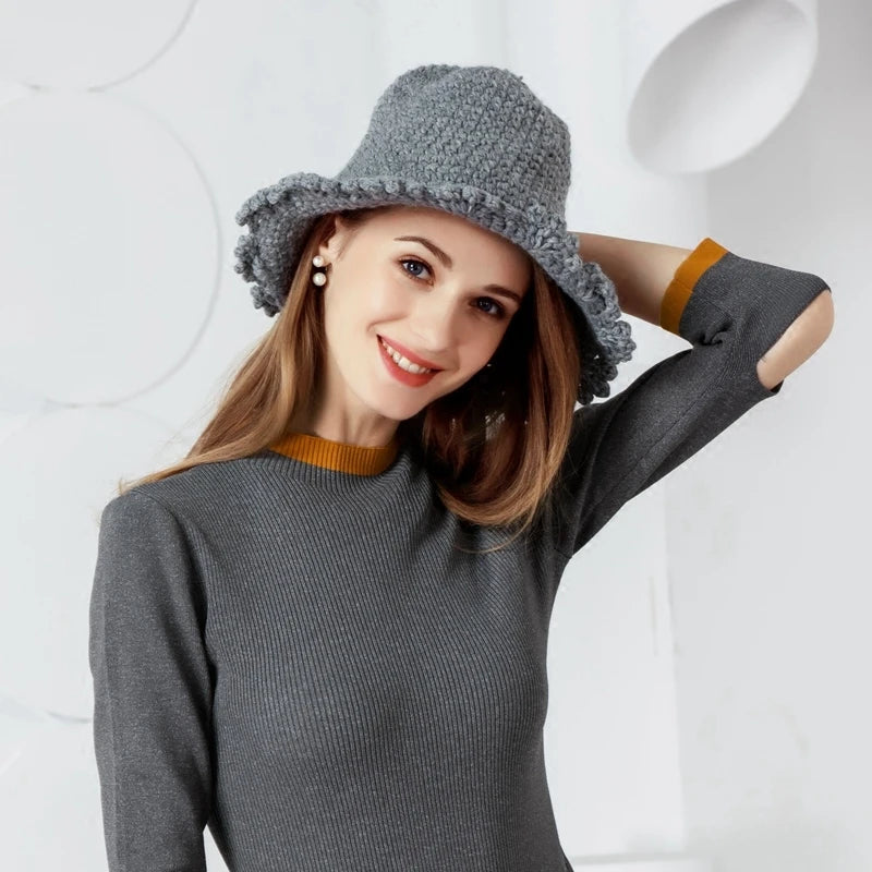 Women Thick Wool Knitted Winter Bucket Hat
