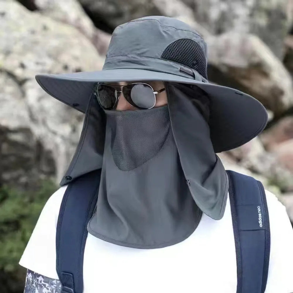 Adjustable Wide Brim UV Protection Bucket Hat With Face Mask