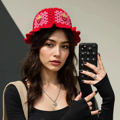 Women Bohemian Crochet Strawberry Fisherman Hat
