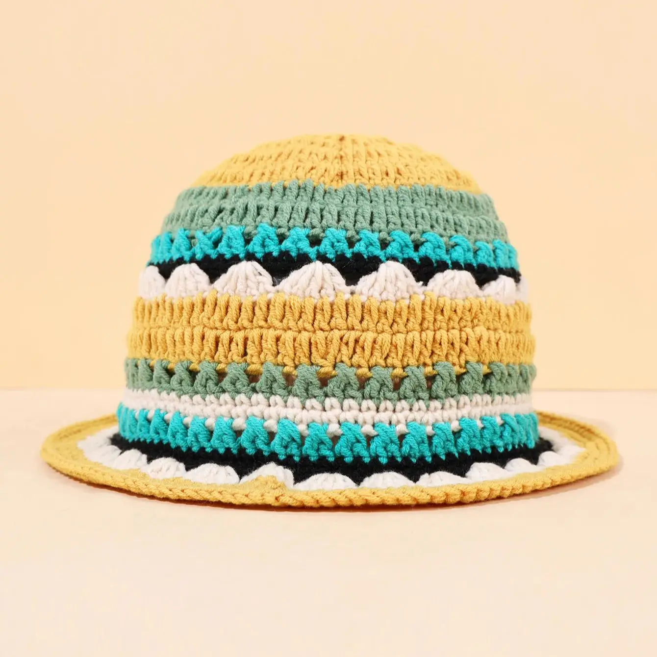 Women Color Block Flower Crochet Fisherman Hat