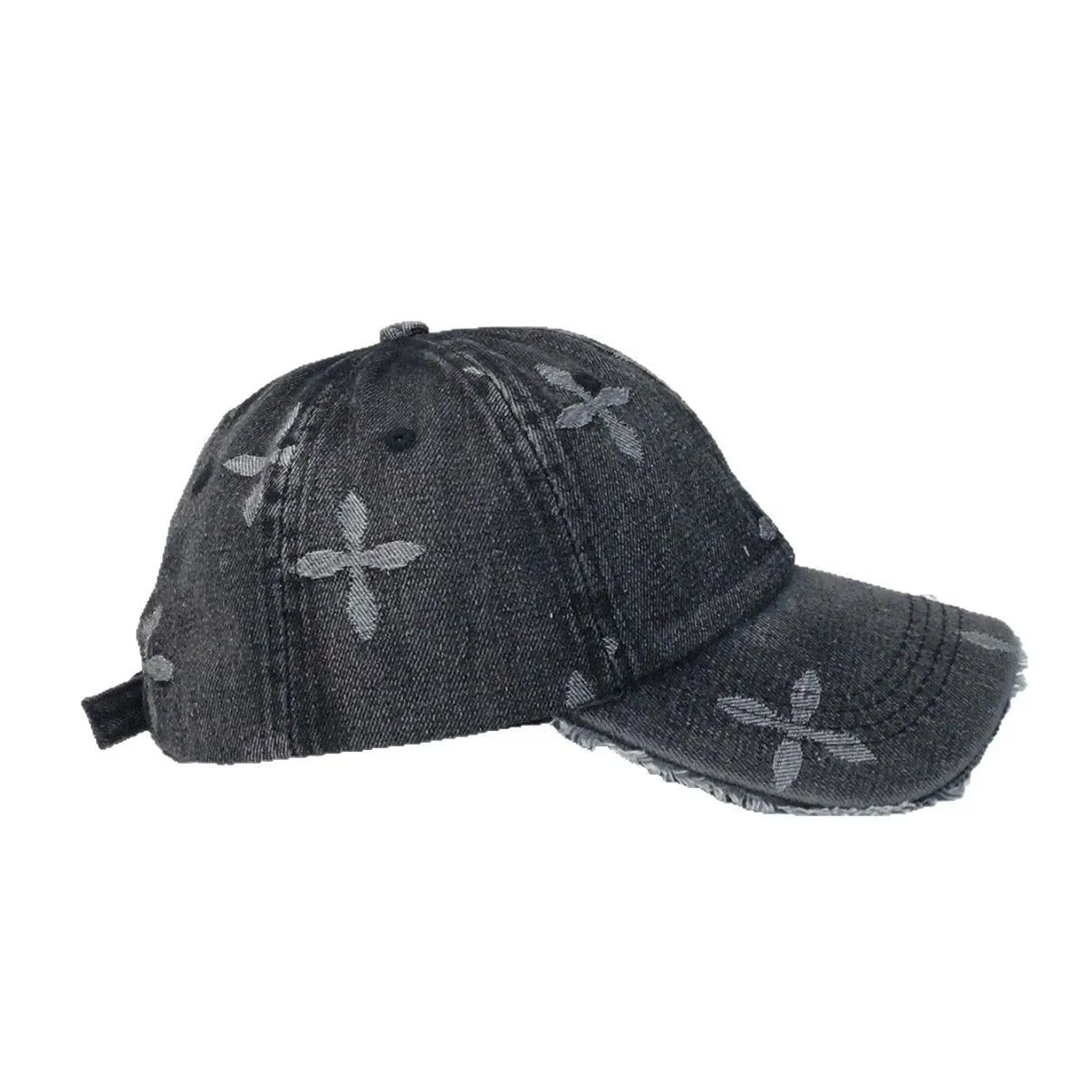 Cross Denim Baseball Cap With Jacquard Fringe, Vintage Distressed, Cropped Edge Cap For Men & Women