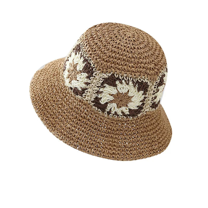 Women Foldable Straw Crochet Flower Bucket Hat
