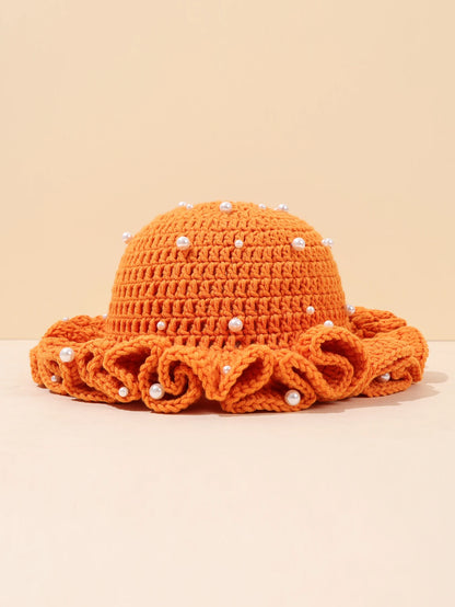 Women Vintage Pearl Crochet Ruffled Bucket Hat