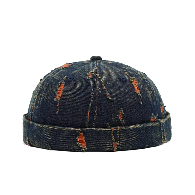 Tear Broken Denim Docker Cap Colorful Brimless Caps