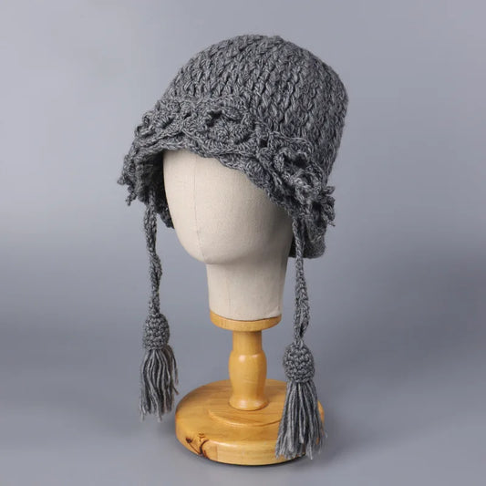 Women Thick Wool Tassel Knitted Bucket Hat