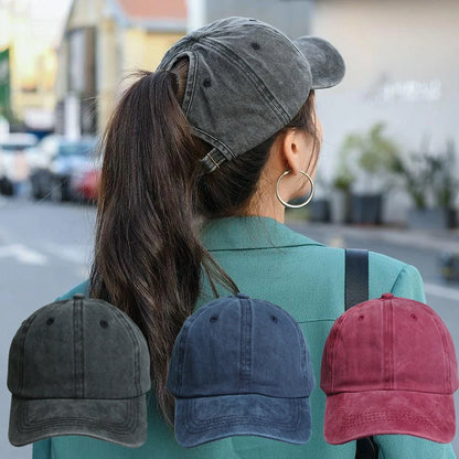 Vintage Washed Cotton Baseball Cap Women Hollow Out Ponytail Hat Outdoor