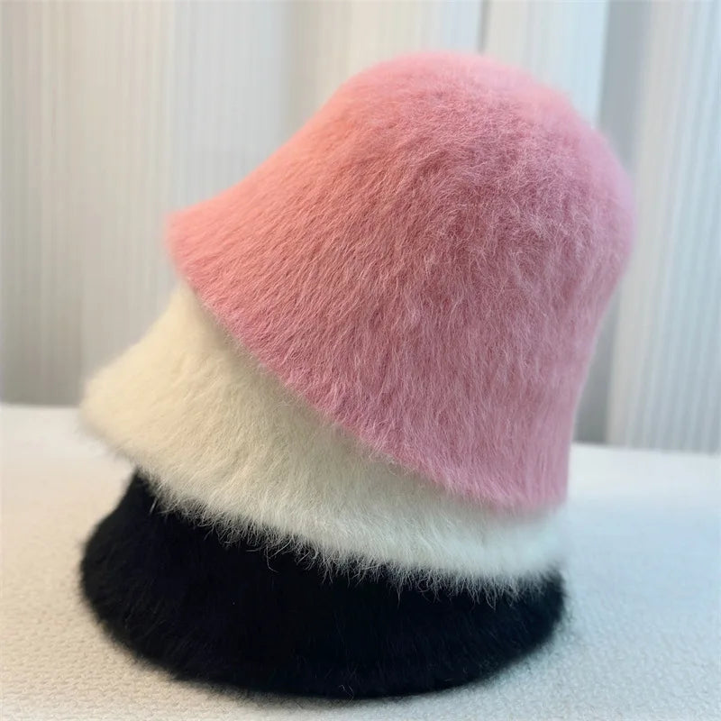Rabbit Fur Hat Winter For Women Bucket Hat