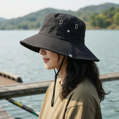 Breathable Wide Brim Bucket Hat With Chin Strap