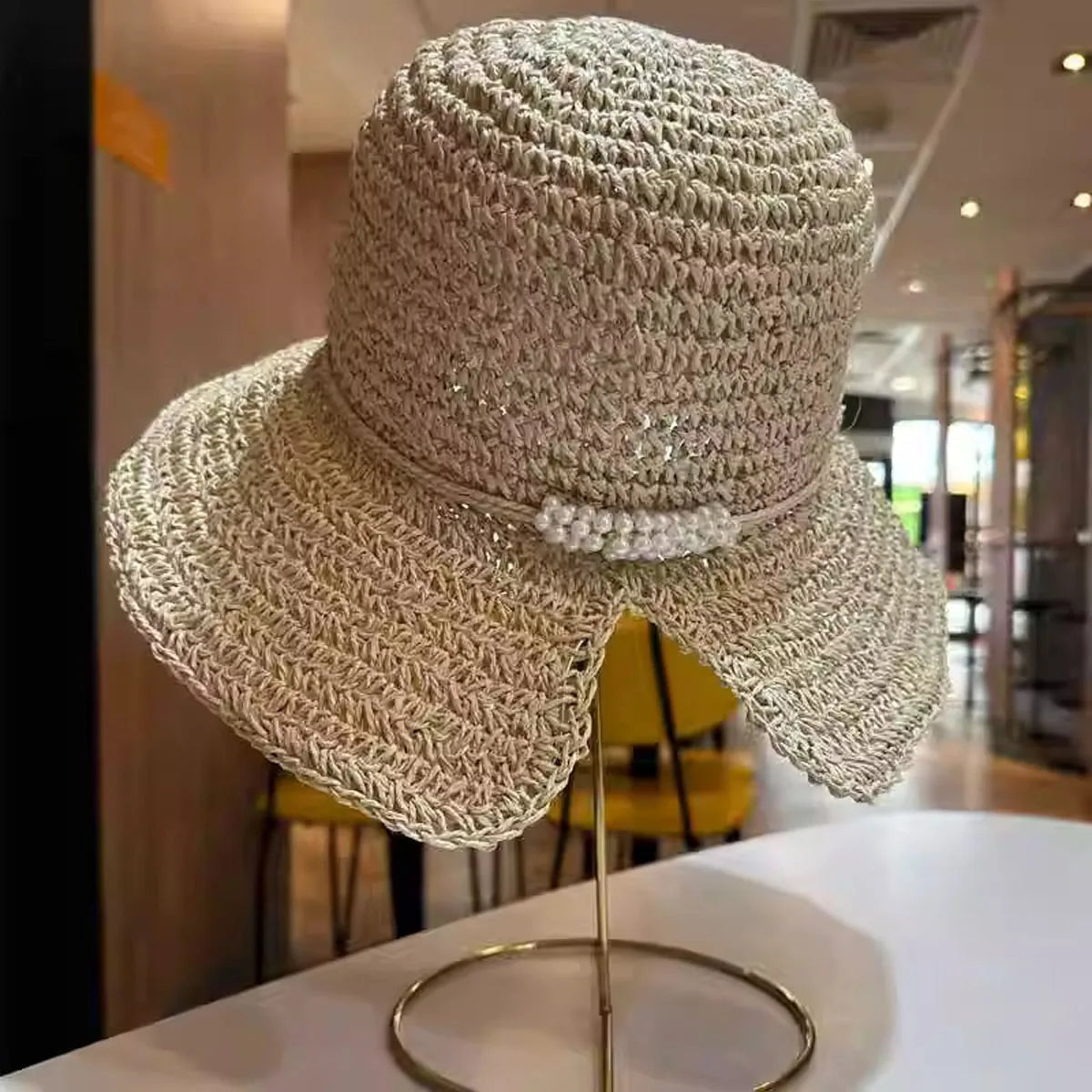 Women Pearl Straw Crochet Foldable Bucket Hat