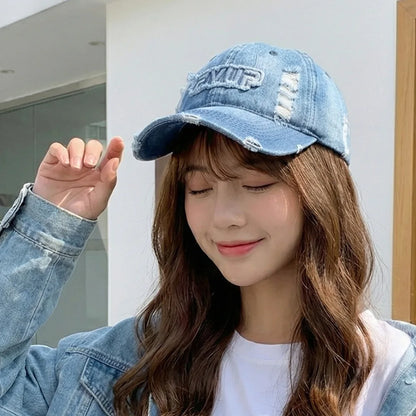 Spring Autumn Thick Soft Top Baseball Cap Washed Denim Hole Embossed Antique Korean Style Casual Fashion Sun Hat