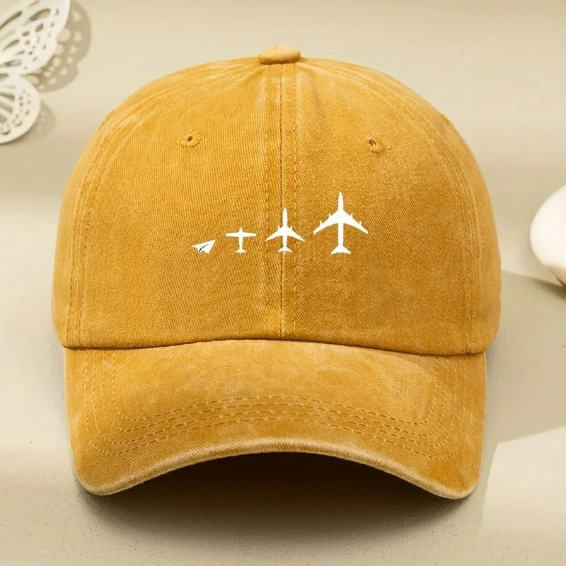 Retro Airplane Print Washed Baseball Cap Adjustable