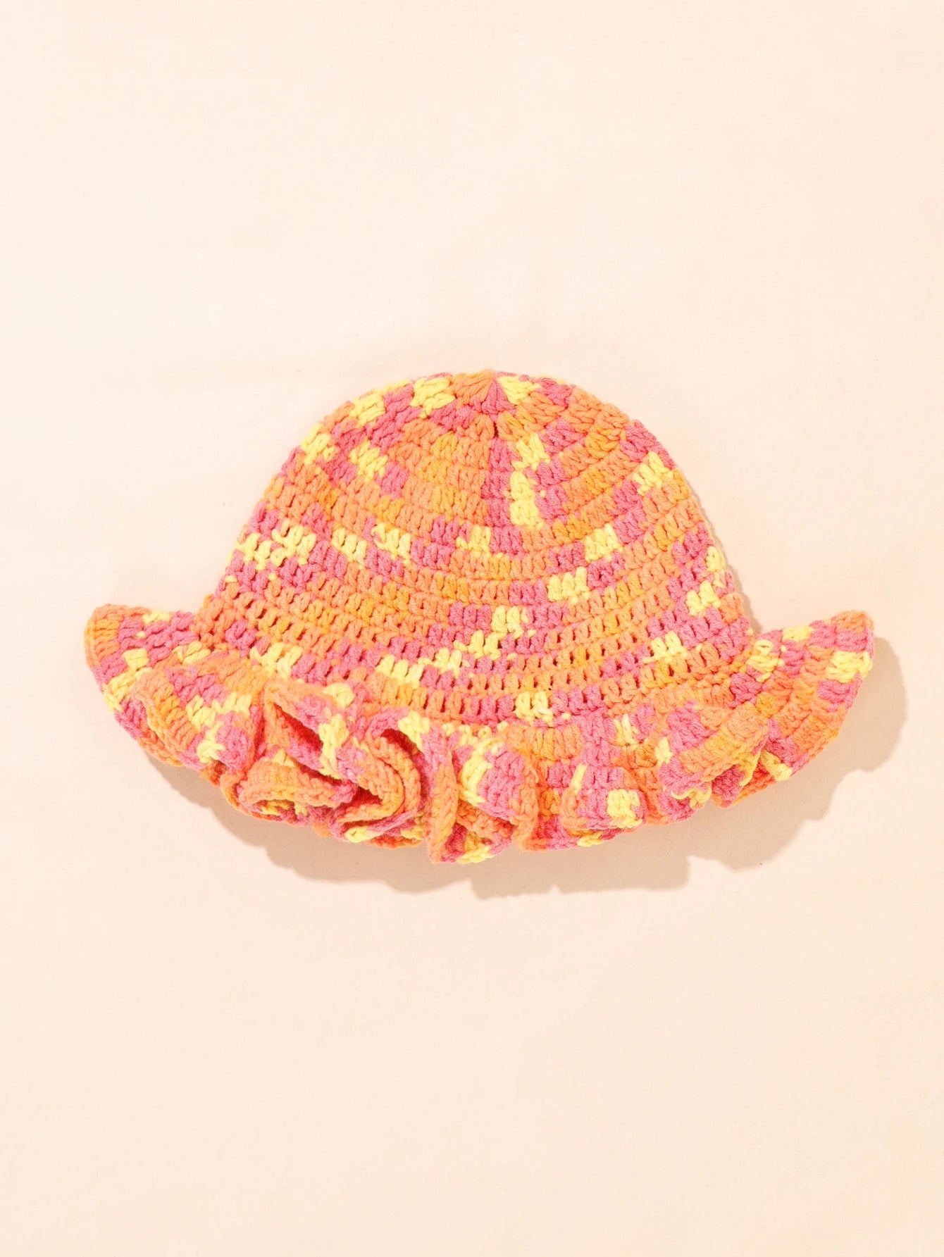 Women Vintage Orange Pink Woven Straw Bucket Hat