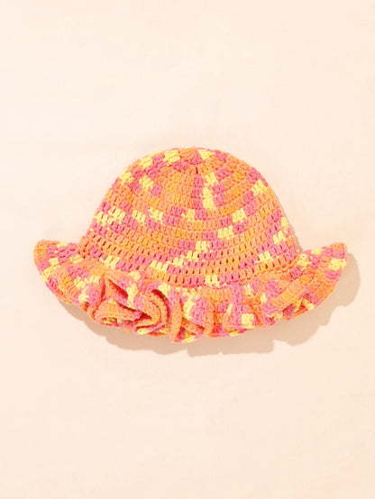 Women Vintage Orange Pink Woven Straw Bucket Hat