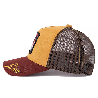 Hot Sale Unisex Mesh Cap Lion Pattern Patch Design Suede Hat Women And Men Summer Animal Baseball Cap Fashion Trucker Hat Size 56-60cm