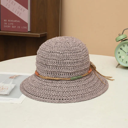 Women Wide Brim Crochet Straw Bucket Hat