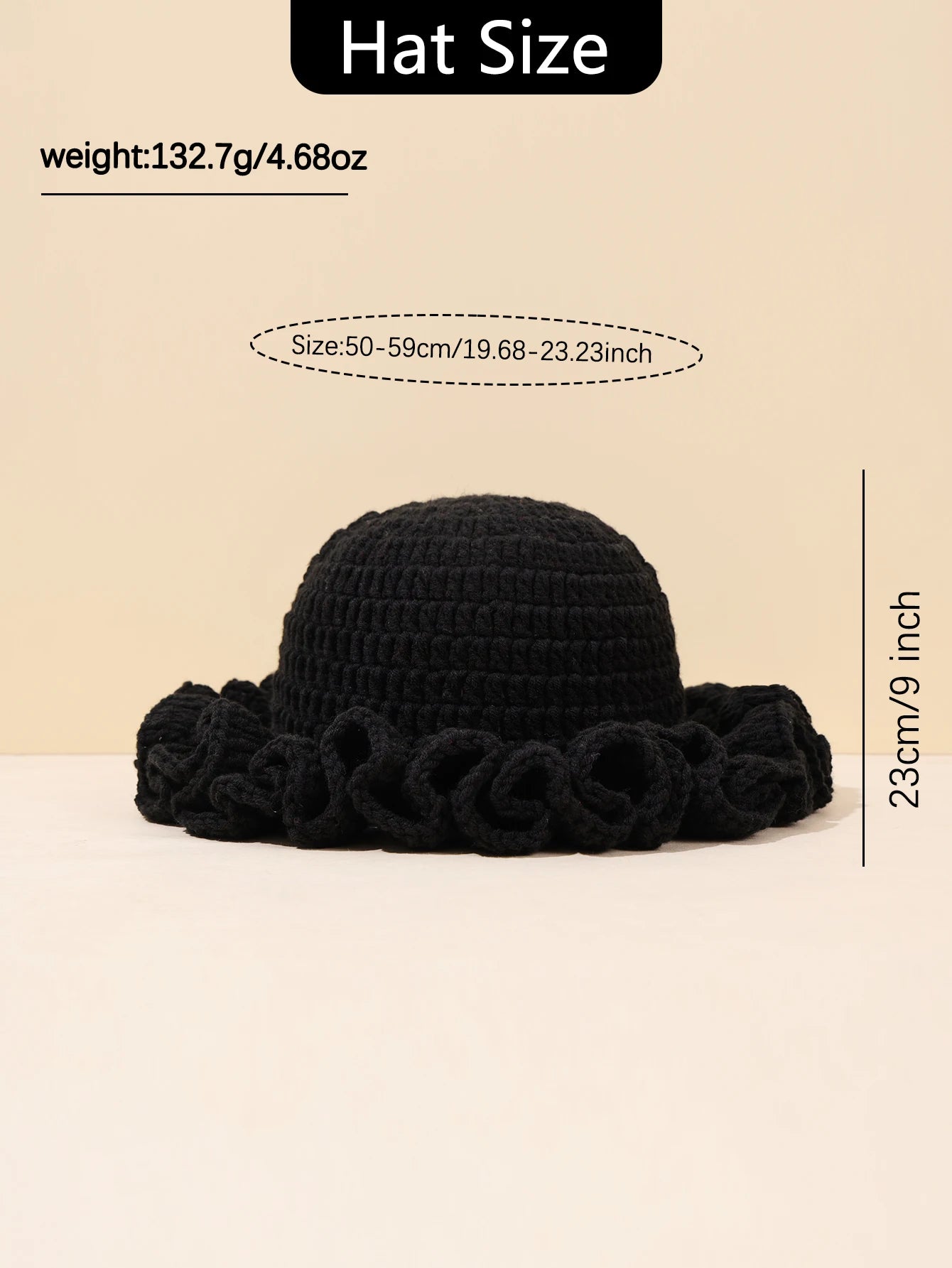 Women Vintage Crochet Black Ruffled Bucket Hat