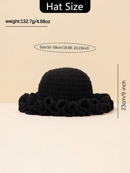 Women Vintage Crochet Black Ruffled Bucket Hat